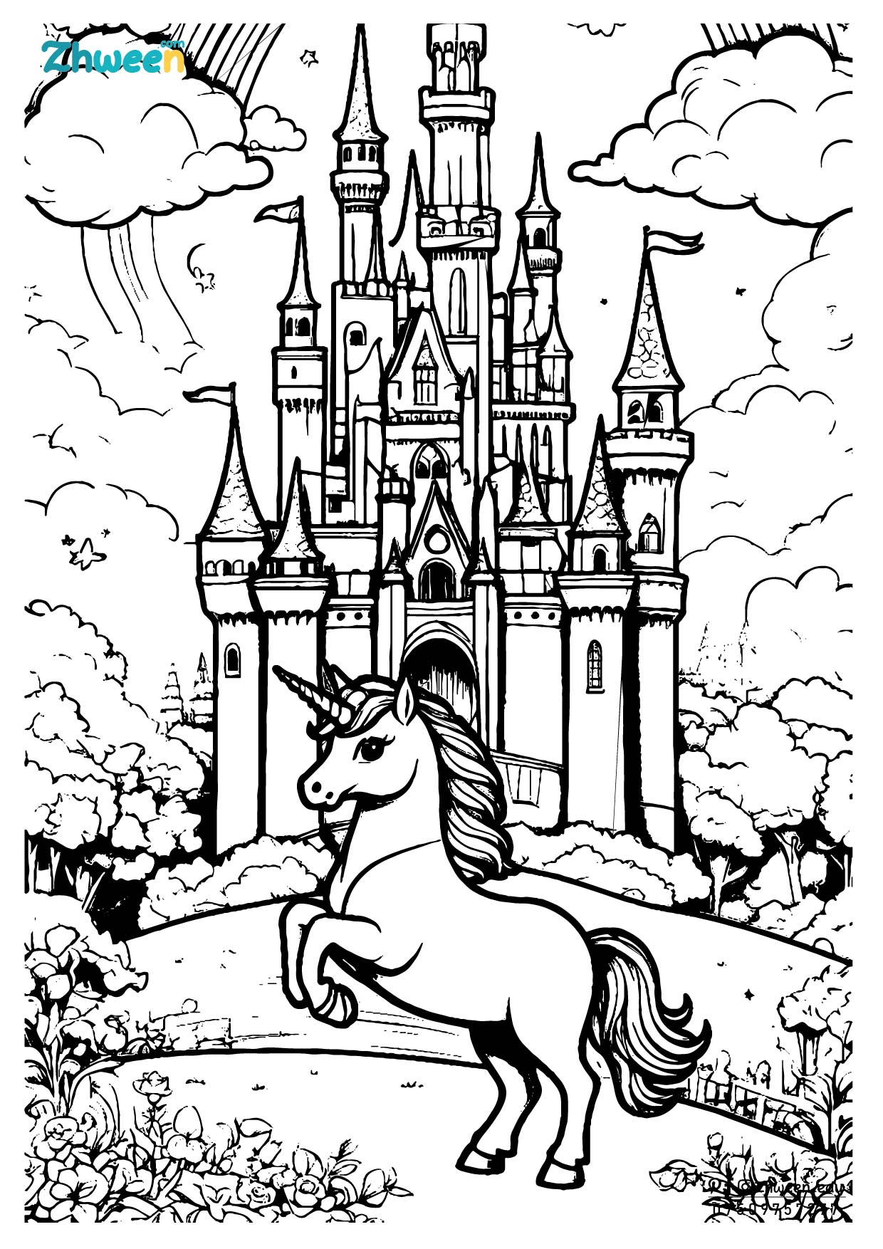 coloring unicorn, princess and prince