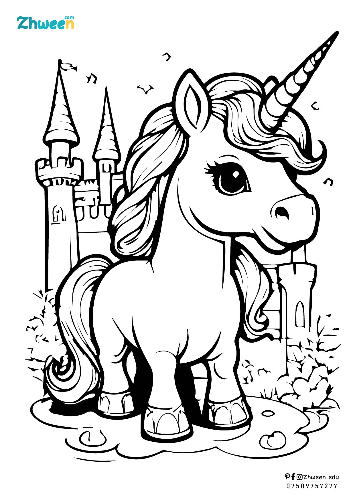 coloring unicorn, princess and prince